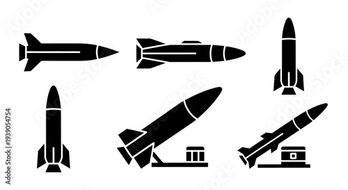 Set of Military Missile Silhouette Icons, Weaponry and Rocket Launcher Collection, isolated white background.