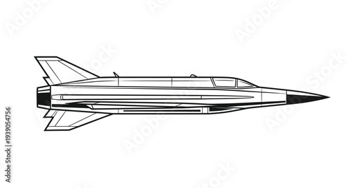 Detailed line drawing of a delta-wing jet fighter aircraft in side profile, showcasing its sleek design and aerodynamic features.
