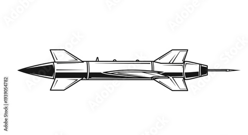Detailed Military Missile or Rocket Flying Icon, Weaponized Object on Isolated White Background