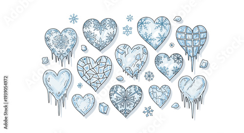 Collection of icy blue hearts with melting effect