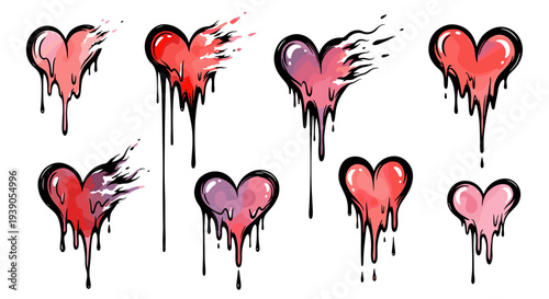 Collection of melting and dripping hearts in various shades of red and pink