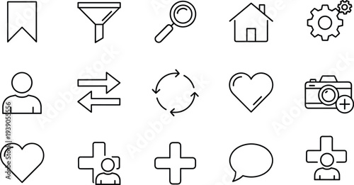Collection of black line user interface icons, including home, search, settings, heart, camera, and profile symbols isolated on white, vector.