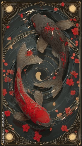 Traditional zen cinematic art, red and black koi entwined in sacred infinity pool, yin yang water energy, antique gold trim accents, porcelain ceramic texture
