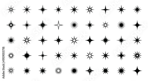 Extensive Set of Star and Sparkle Icons in Solid and Outline Styles with Various Point Counts on Isolated White Background