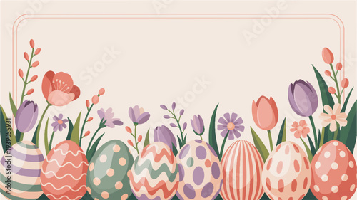 Easter eggs and colorful spring flowers on a pastel background a festive holiday illustration with decorated eggs and blooming tulips and daffodils in soft peach purple and green