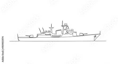 Military battleship line drawing isolated on white background