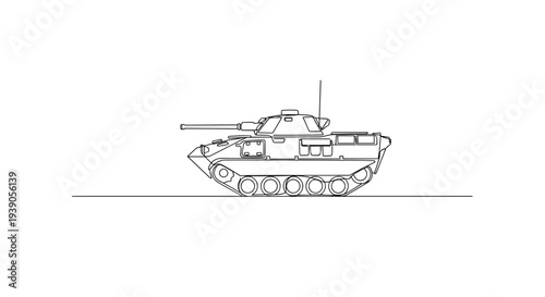Military tank line drawing moving on ground isolated on white background