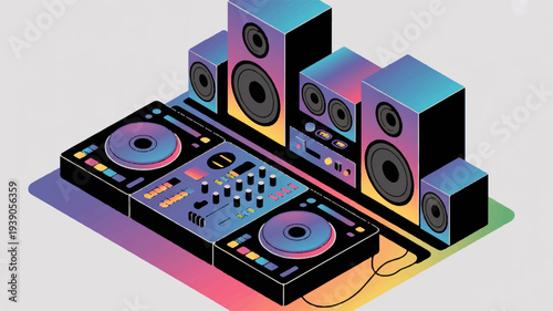 Isometric vector illustration of a dj setup with colorful speakers and turntables for music production and entertainment