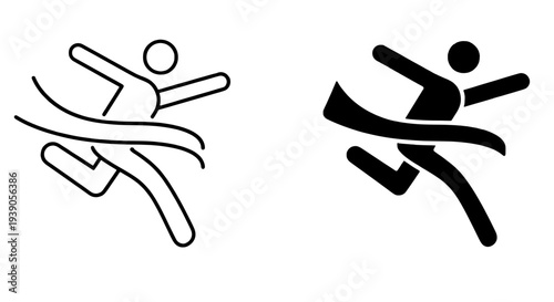 Running person crossing finish line ribbon icon for success and victory
