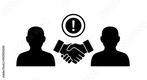 Handshake icon with exclamation mark warning and two person silhouettes
