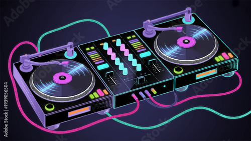 Professional dj setup with neon lights and cables on a dark background vector illustration for music and entertainment concepts