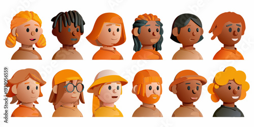 Diverse collection of stylized cartoon character portraits in various poses