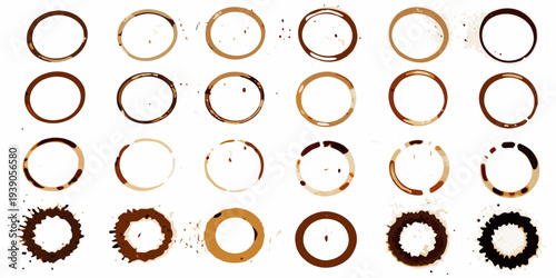 Collection of coffee rings and stains on a white background