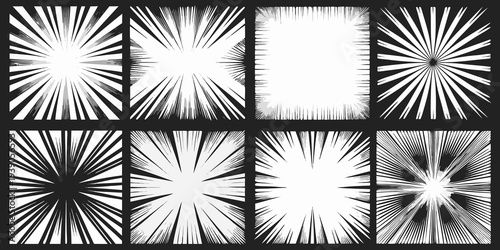 Abstract burst patterns in a grid of nine black and white squares