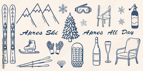 A collection of apr s ski themed illustrations in a blue tone