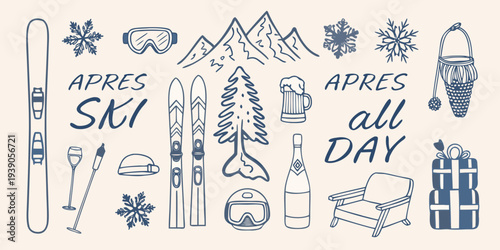 Winter sports and apr s ski themed doodle collection in blue line art