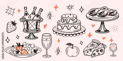 A delightful collection of hand drawn desserts champagne and fresh fruit