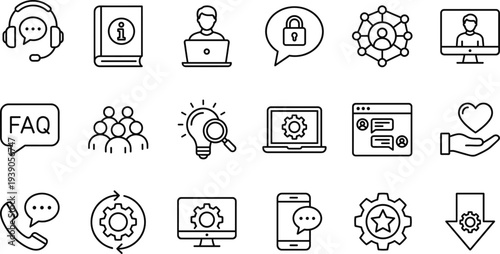 customer support service line icons set, help desk communication, online assistance, technical support, chatbot faq, digital service outline