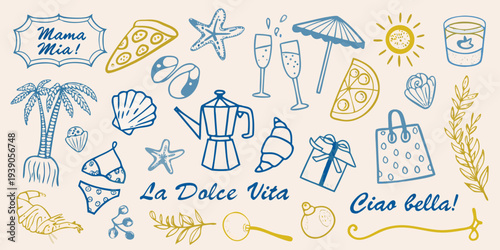 A colorful doodle collection illustrating italian summer and vacation themes