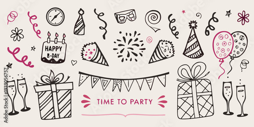 Hand drawn birthday celebration doodles with festive decorations and party elements
