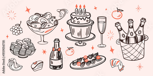 Celebratory sketch featuring cake champagne seafood and festive treats