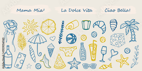 Italian summer themed doodles food drink and vacation elements