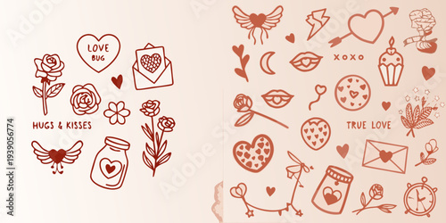 A collection of hand drawn love and valentine s day themed illustrations