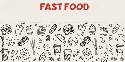 A colorful doodle illustration featuring various fast food items