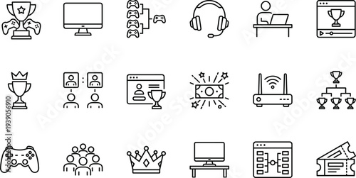esports gaming line icons set, online tournament competition, game controller headset streaming, gamer community, digital entertainment outline vector