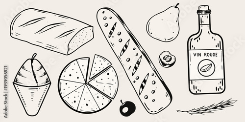 A charming black and white illustration of french bread fruit and wine
