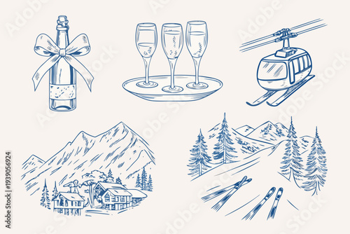Celebration ski resort and mountain scenery depicted in a vintage sketch