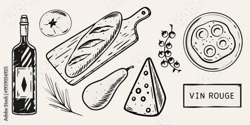A collection of hand drawn food and drink items including wine and cheese