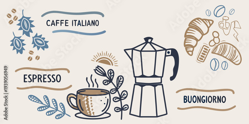 Italian coffee elements espresso moka pot croissant and coffee beans