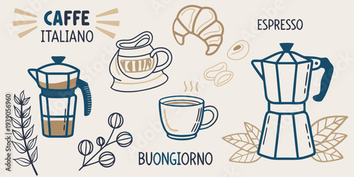 Italian coffee illustration featuring espresso makers croissants and floral elements