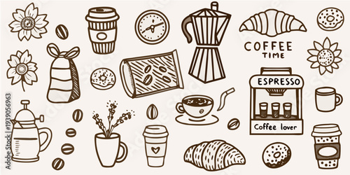 A collection of hand drawn coffee related items and sweet treats