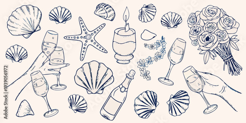 Sketch of seashells champagne glasses flowers and a starfish arrangement