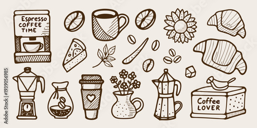 Hand drawn coffee elements including beans pastries and brewing equipment