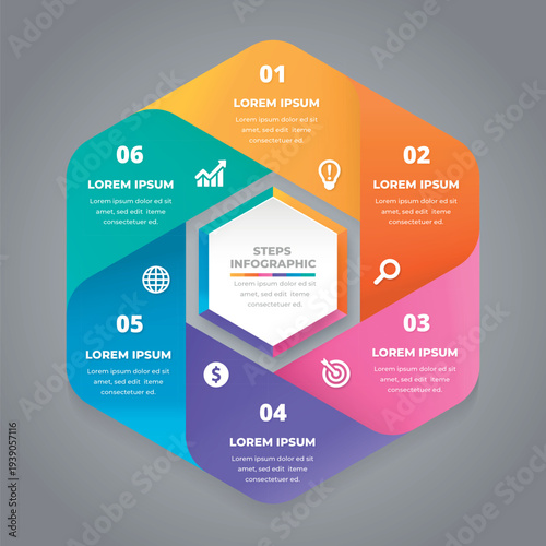 A colorful infographic template with six steps and a central hexagonal shape