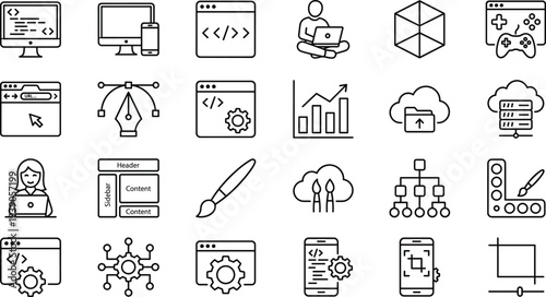 web development line icons set, coding programming interface design, cloud computing, mobile app development, software engineering, technology outline vector