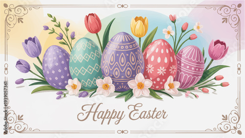 Vibrant easter greeting card with decorated eggs tulips and daffodils in soft pastel colors and ornate frame