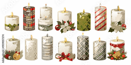 A collection of decorative patterned candles with winter holiday embellishments