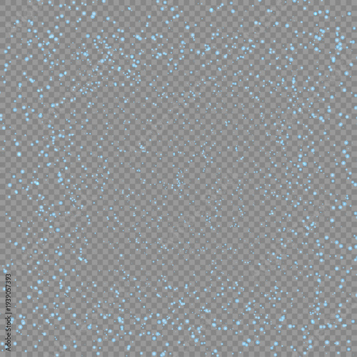 Blue Winter Snowfall Overlay on Transparent Background, Magical Blue Sparkling Dust Particles and Snowflakes on Grid Background