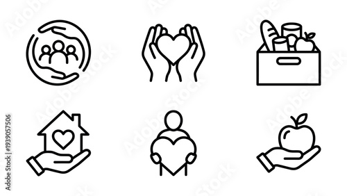 Set of 6 simple line icons symbolizing helping hands and care: people in circle, hands holding heart, donation box, hand with house, person holding heart, hand with apple
