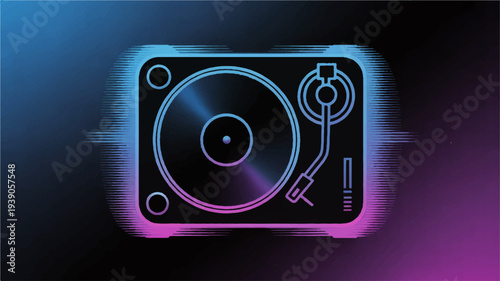 Neon lit vinyl record player icon with glowing blue and pink outline on dark background symbolizing music and dj culture
