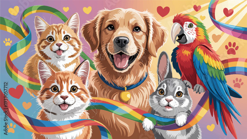 Vibrant digital illustration of a happy dog two cats and a parrot celebrating with ribbons and hearts
