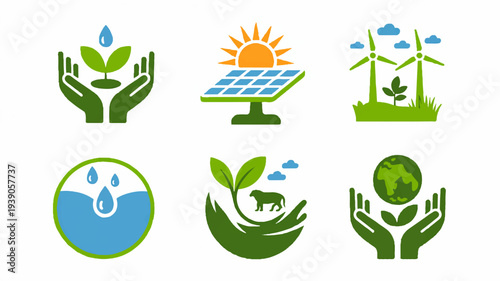Eco friendly energy and nature icons set hands holding earth solar panel wind turbines water plant and leafy symbols for environmental conservation and sustainability concepts