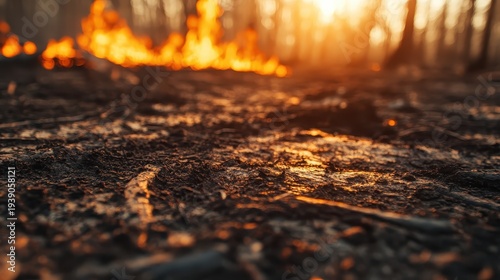 Scorched Earth Reflecting Intense Firelight Amidst Deforested Landscape Symbolizing Climate Change Impact