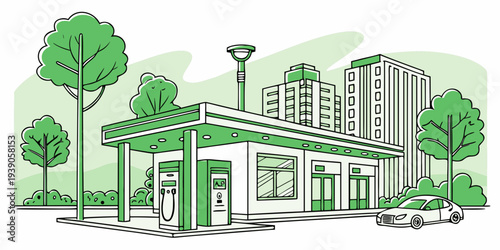 A quaint urban scene featuring a small commercial building and a tall skyscraper in the background