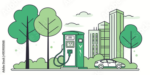 Illustration of an electric vehicle charging station in an urban green environment.
