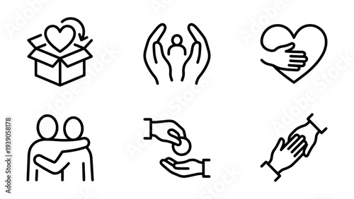Set of 6 simple line icons representing charity and care: donation box, helping hands, hugs, coin transfer, and sharing